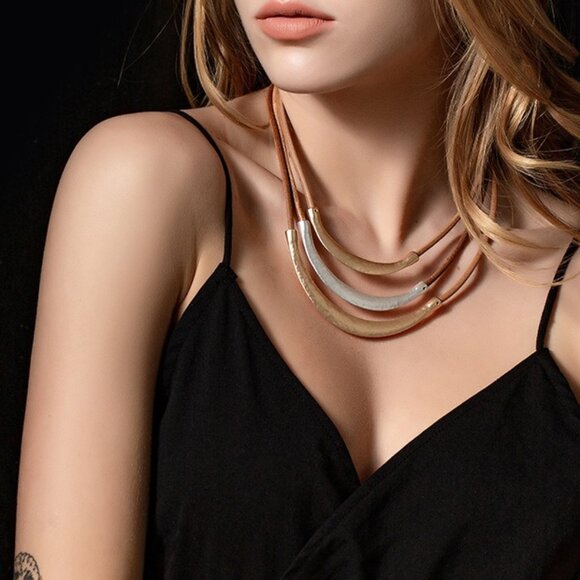Tri-Tone Gold, Silver & Grey Arc Necklace - Black Leatherette Cord! - Picture 1 of 3
